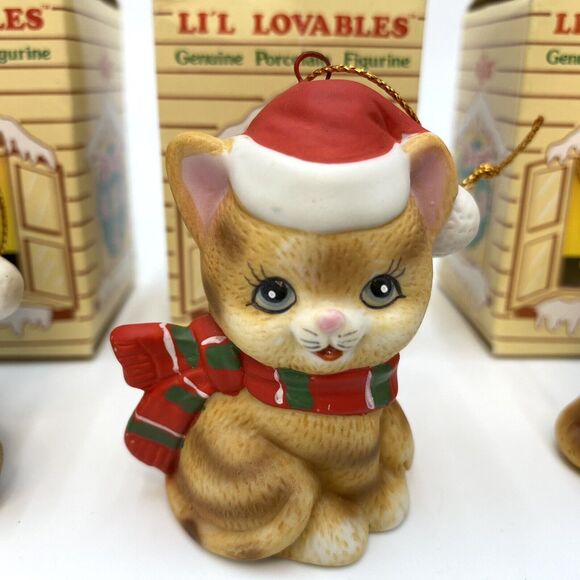 3 Russ Berrie Li'l Lovables Mini Porcelain Figurine Christmas Ornaments Cat Bear - Picture 4 of 9